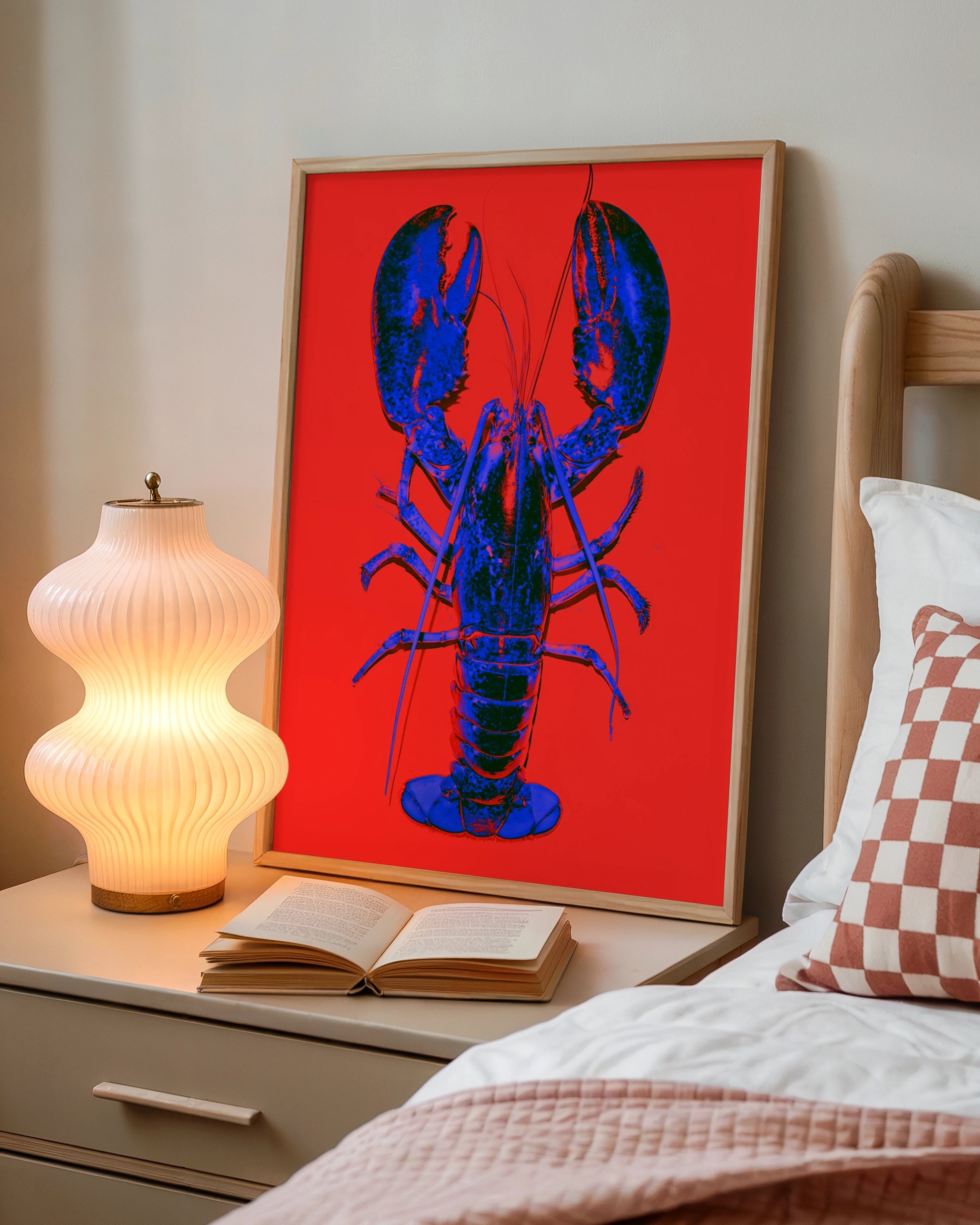 Blue Lobster Pop Art Poster, Bold Red Background, Graphic Animal Print