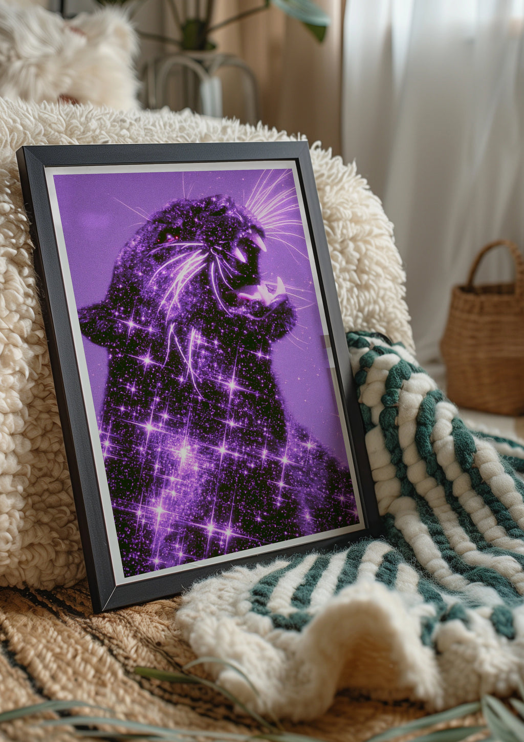 Black Panther Star Purple Poster, Glitter Big Cat Wall Art, Bold Maximalist Print