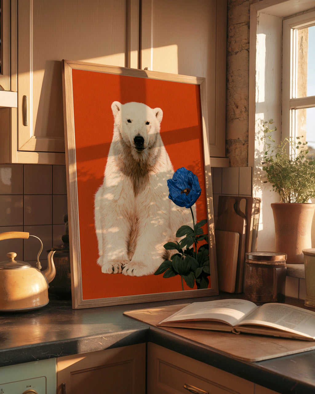 Polar Bear Blue Flower Poster, Bold Orange Wildlife Wall Art Print