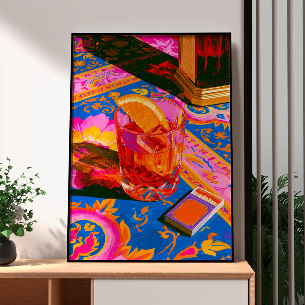 Negroni Cocktail Poster, Vibrant Bar Art Print, Bold Pink Blue Wall Art