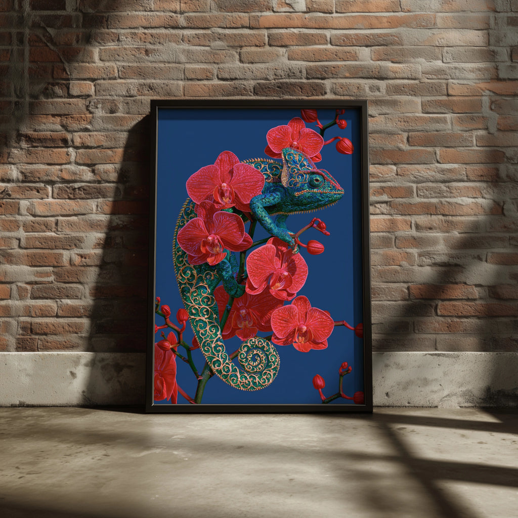 Chameleon Orchid Wall Art Poster, Red Floral Reptile, Botanical Animal Print