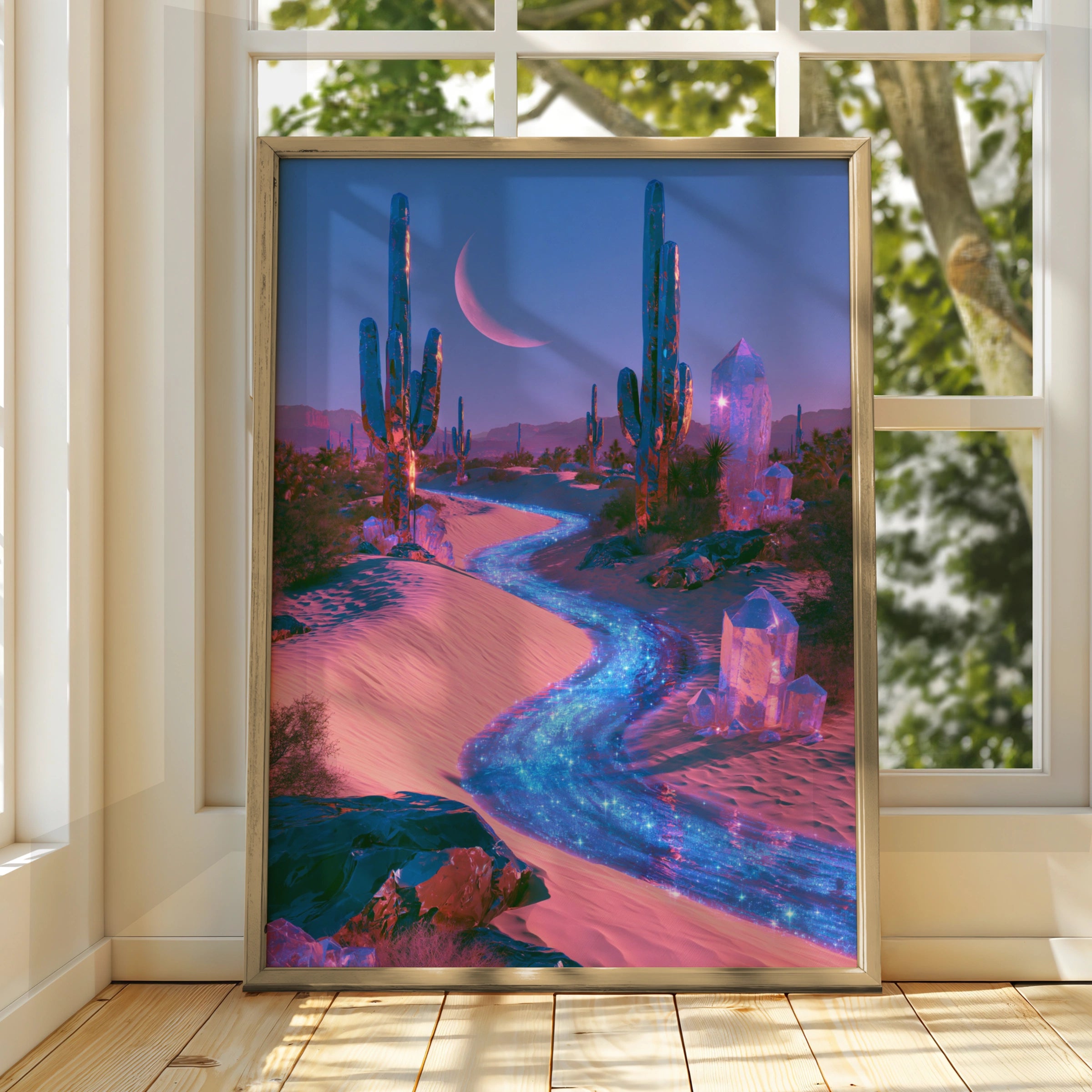 Crystal Desert Cactus Wall Art Poster, Surreal Moonlit Fantasy Print