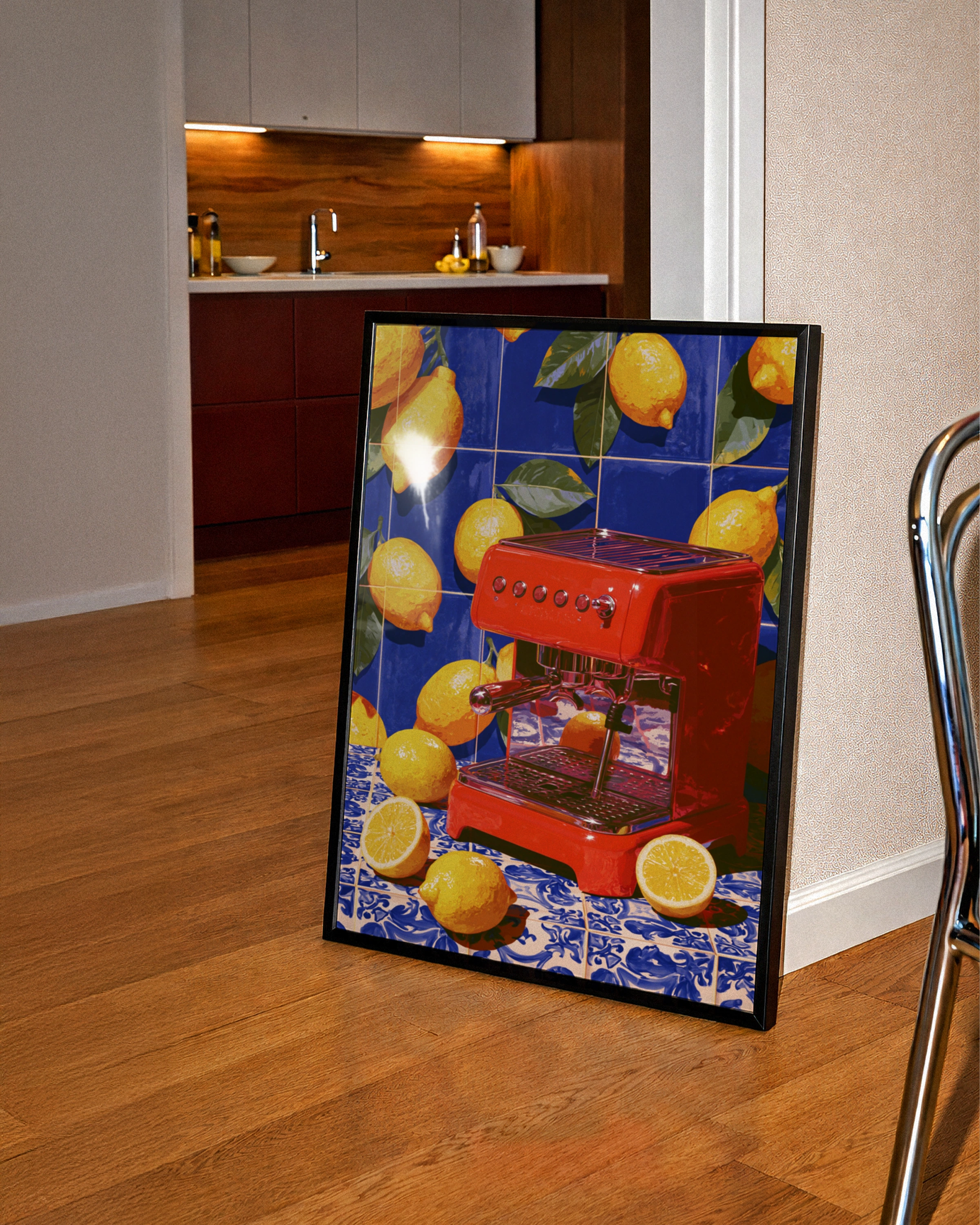 Red Espresso Machine Lemon Tiles Wall Art Poster, Mediterranean Kitchen Print