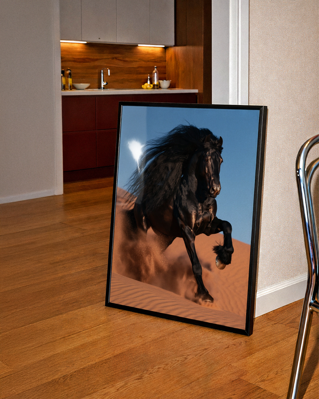 Black Friesian Horse Desert Sand Dunes Poster, Dramatic Equine Wall Art