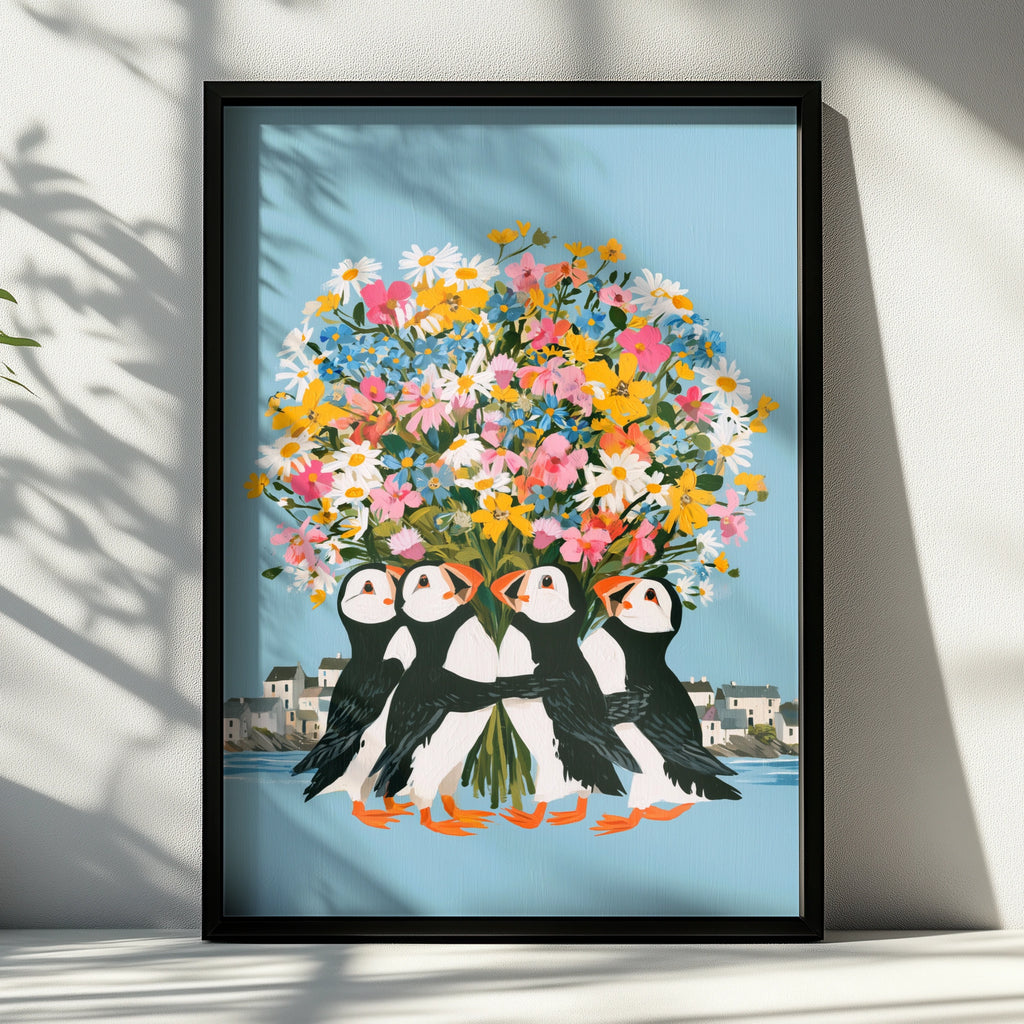 Puffins Bouquet Wall Art Poster, Floral Bird Print, Colourful Coastal Illustration