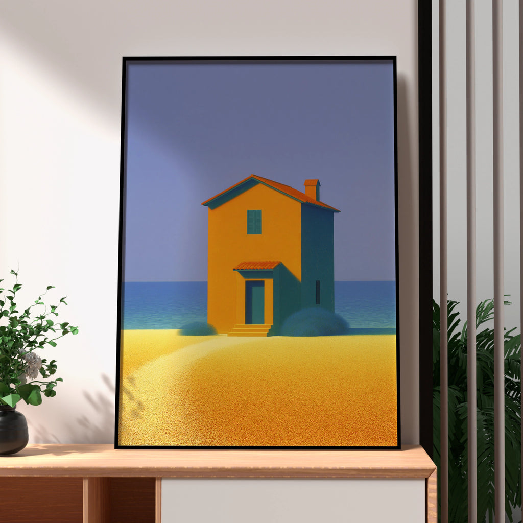 Beach House Abstract Art Print, Coastal Minimalist Poster, Orange Teal Blue