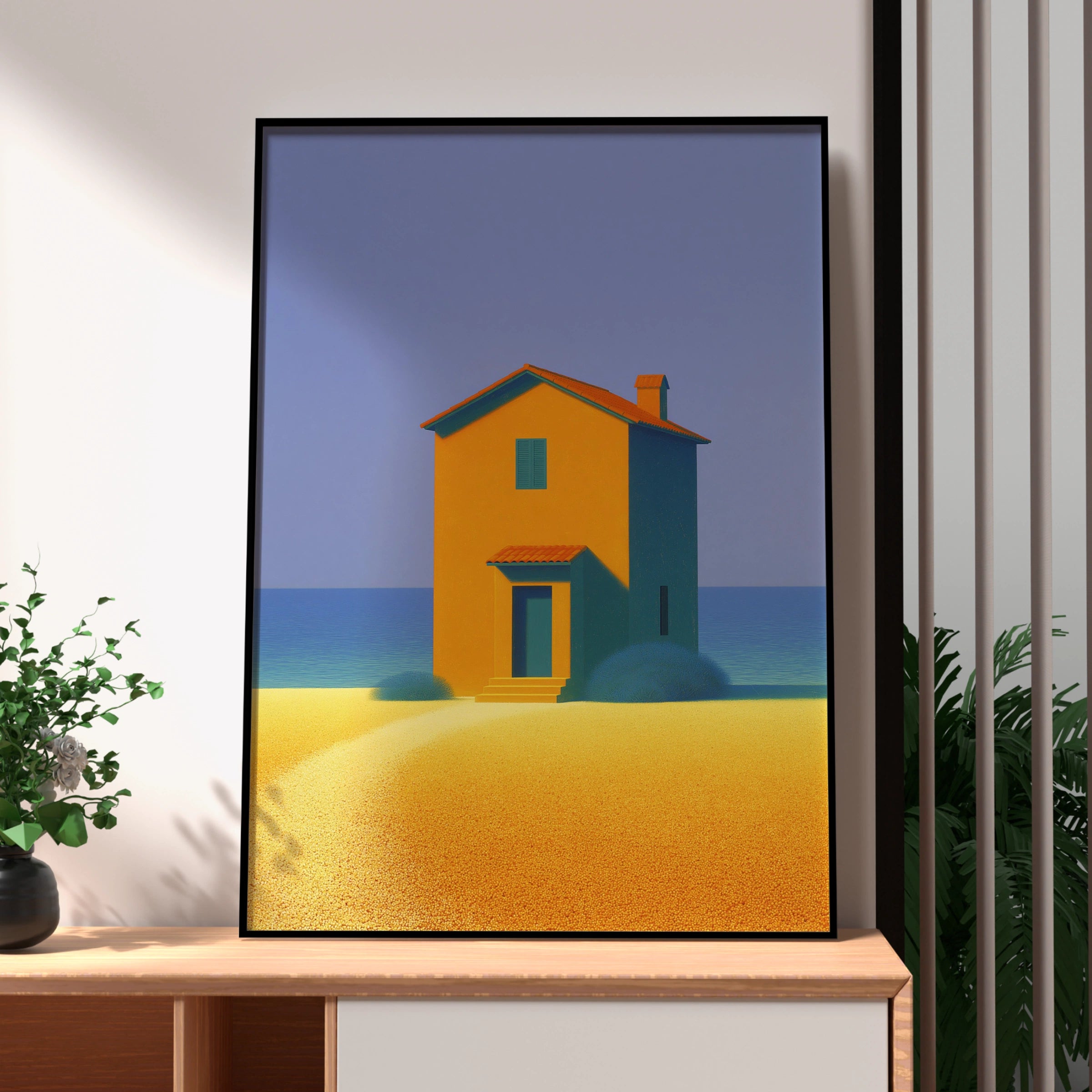 Beach House Abstract Art Print, Coastal Minimalist Poster, Orange Teal Blue