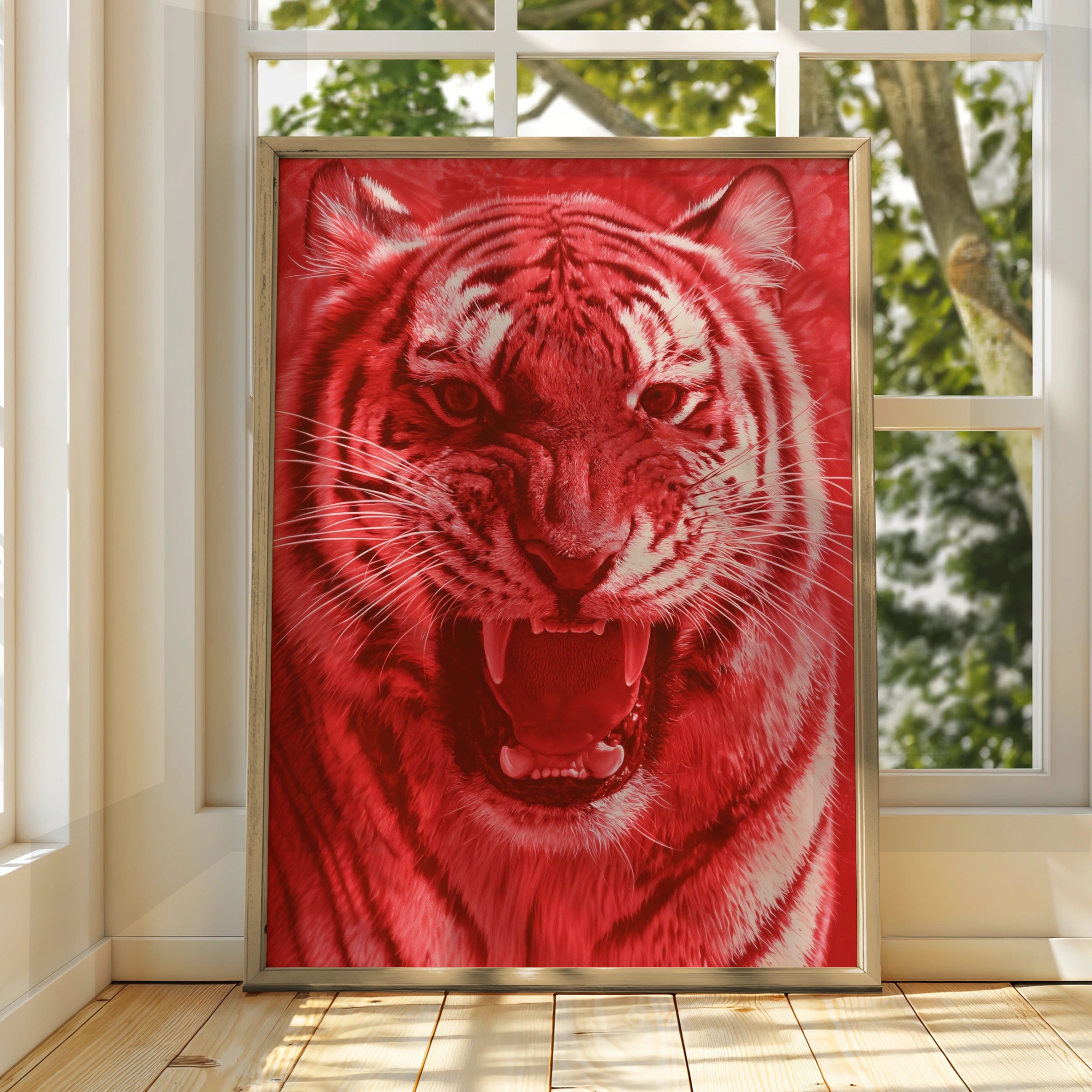 Red Tiger Growl Poster, Bold Wildlife Wall Art, Fierce Big Cat Print
