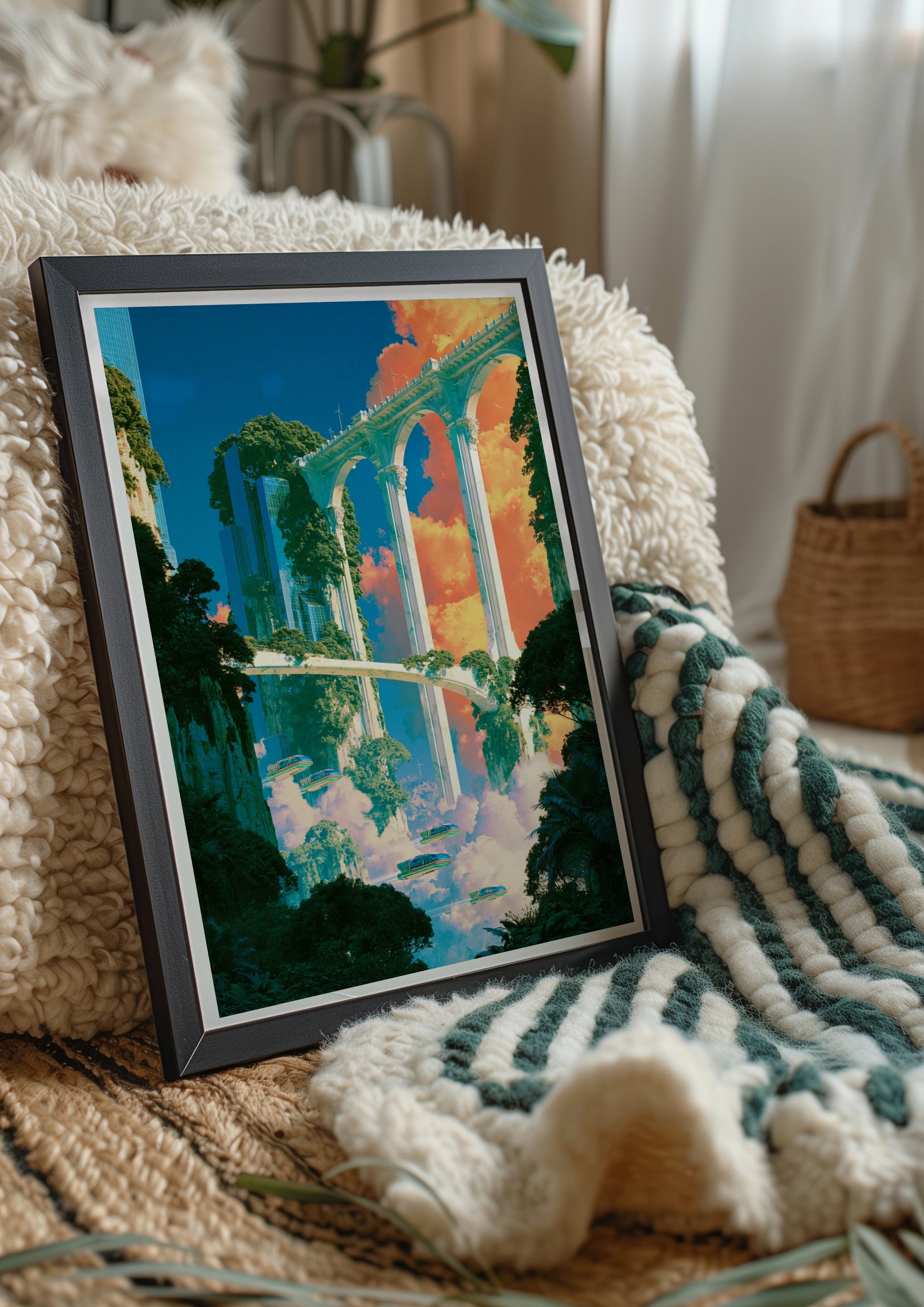 Sky City Aqueduct Poster, Futuristic Fantasy Architecture, Sci-Fi Art Print