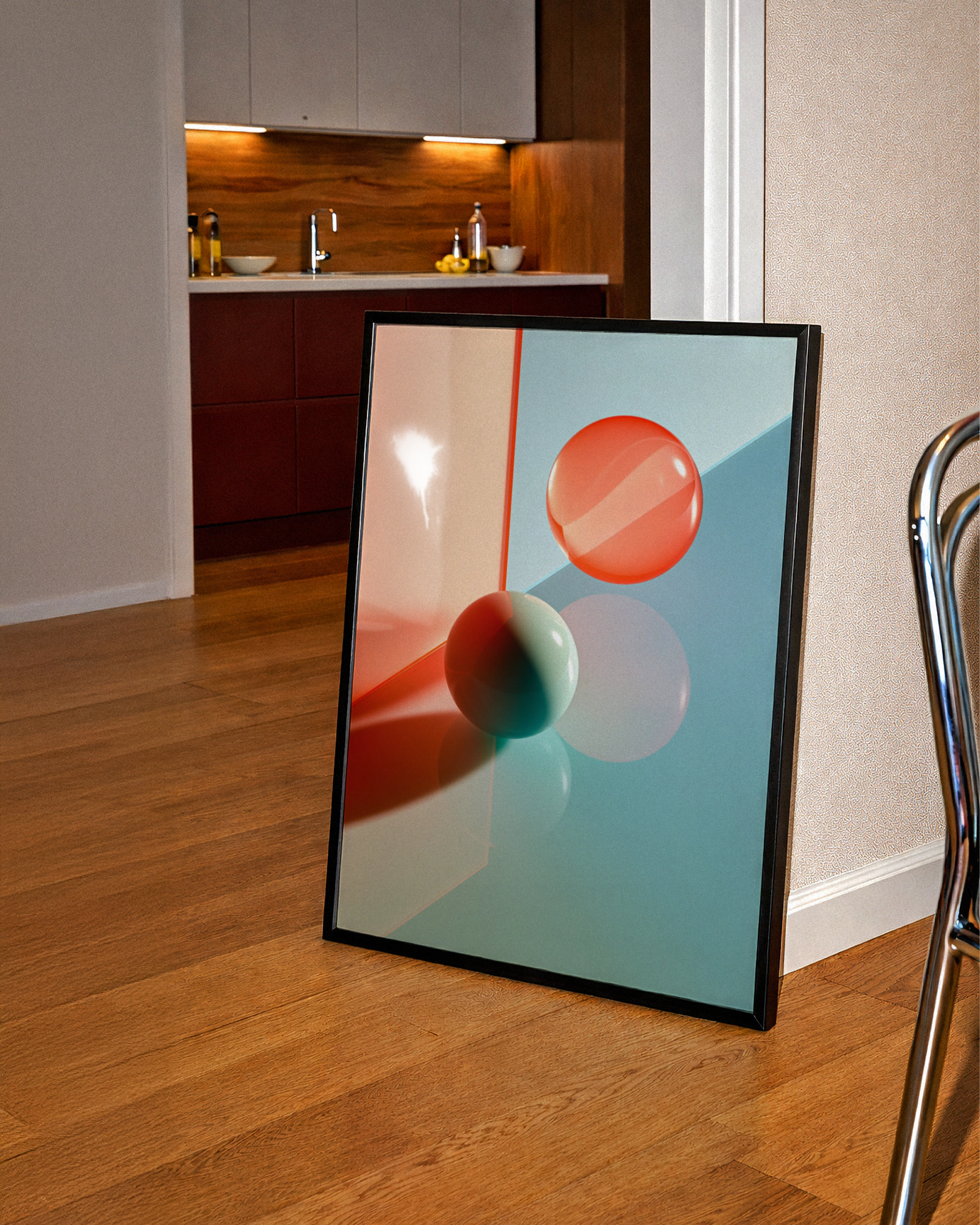 Abstract 3D Shapes Poster, Coral Teal Geometric Spheres, Modern Wall Art Print