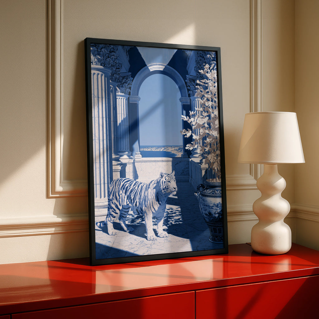 Tiger Classical Hall Poster, Porcelain Blue Architecture Wall Art Print