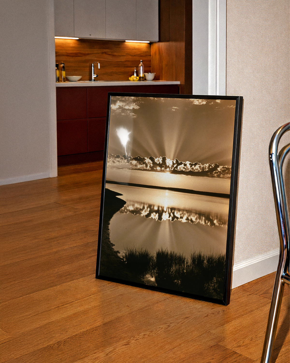 Sepia Sunrise Lake Reflection Poster, Sun Rays Sky, Vintage Nature Print