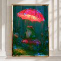 Frog on Mushroom with Umbrella Wall Art Poster, Whimsical Forest Print