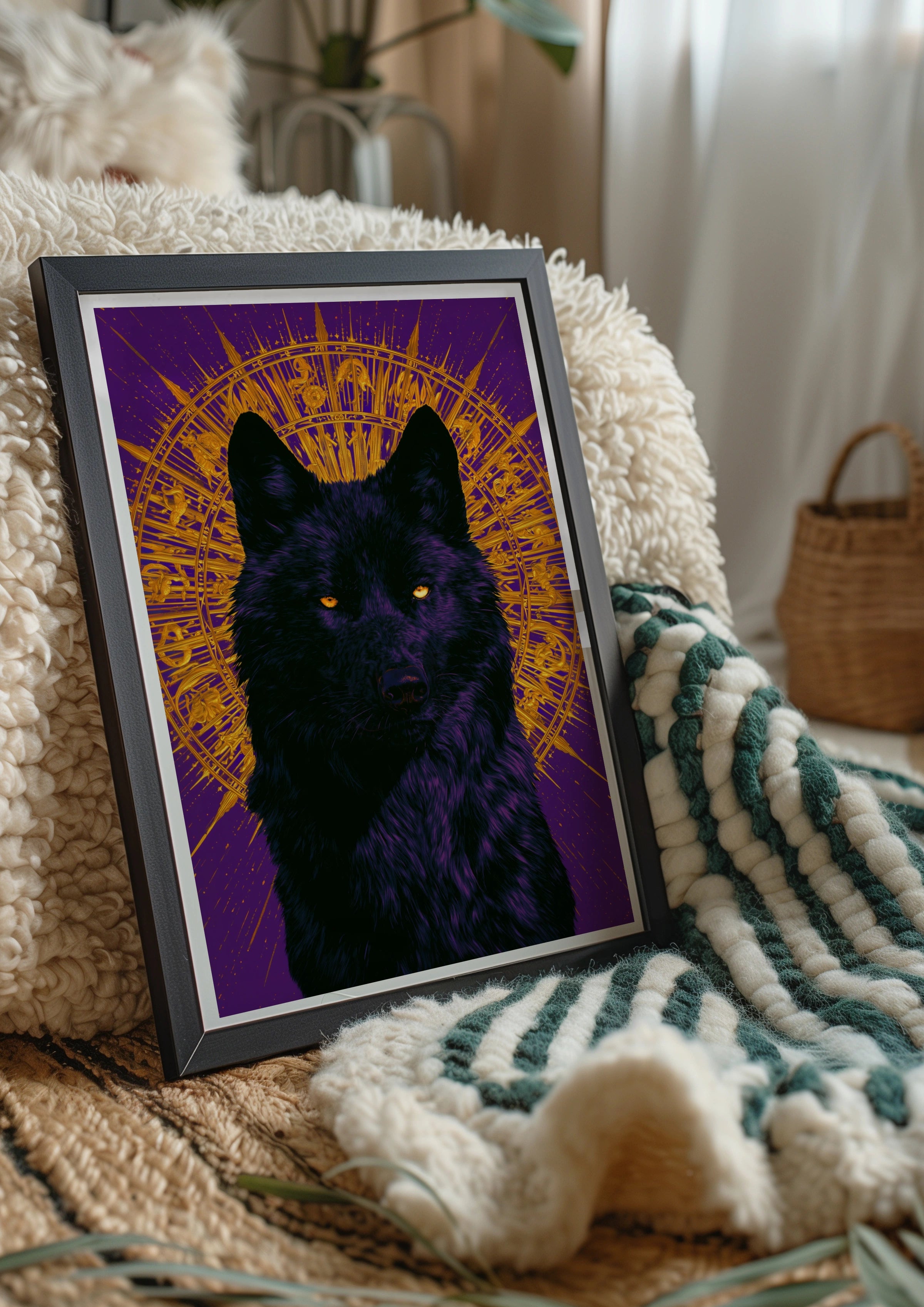 Black Wolf Black Sun Poster, Purple Gold Mystical Wall Art, Bold Animal Print