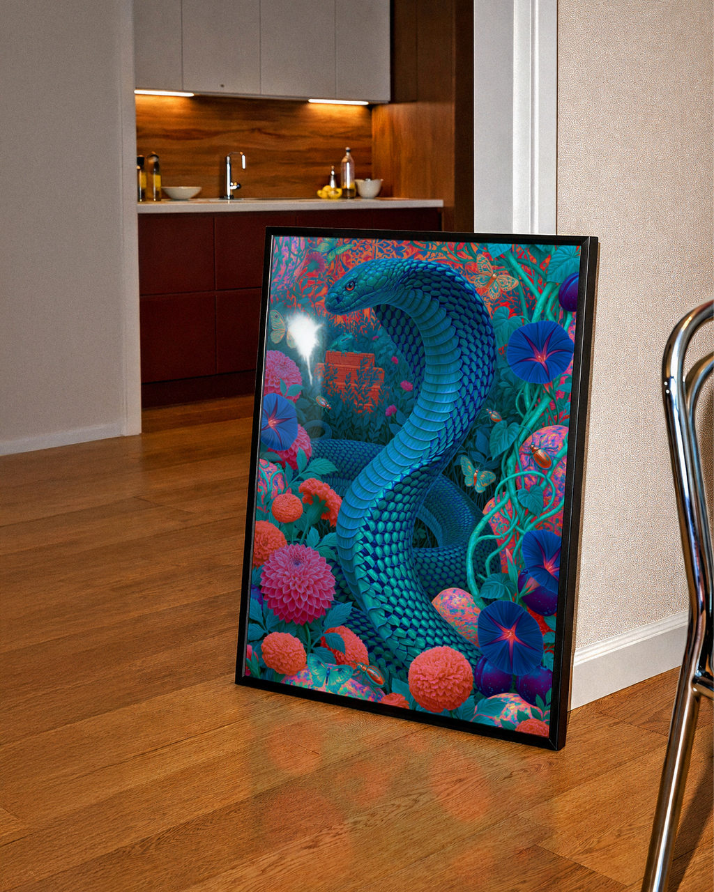 Blue Cobra Snake Floral Poster, Psychedelic Botanical Wall Art Print