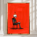 Birthday Skeleton Poster, Party Hat Cake Wall Art, Bold Red Illustration Print