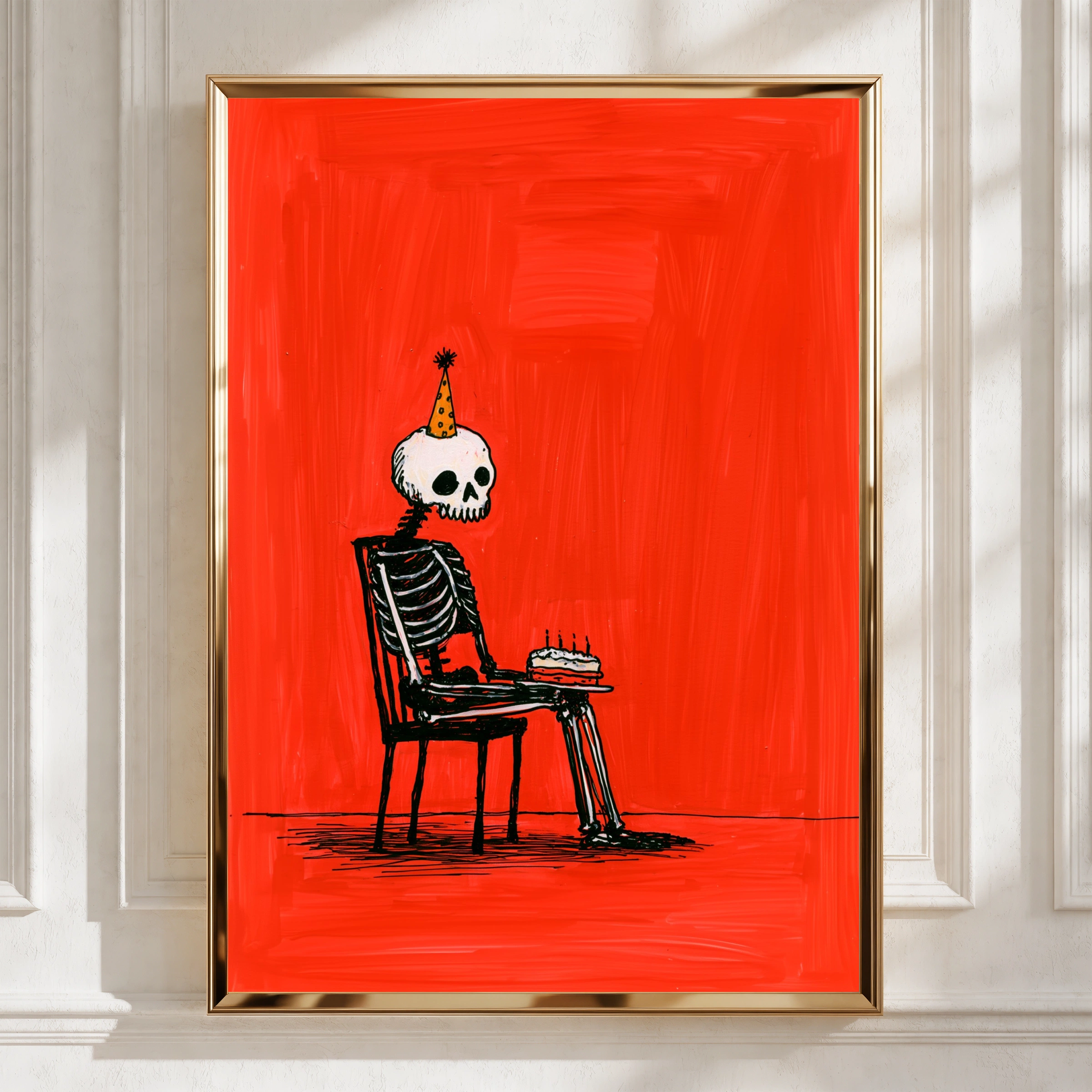 Birthday Skeleton Poster, Party Hat Cake Wall Art, Bold Red Illustration Print