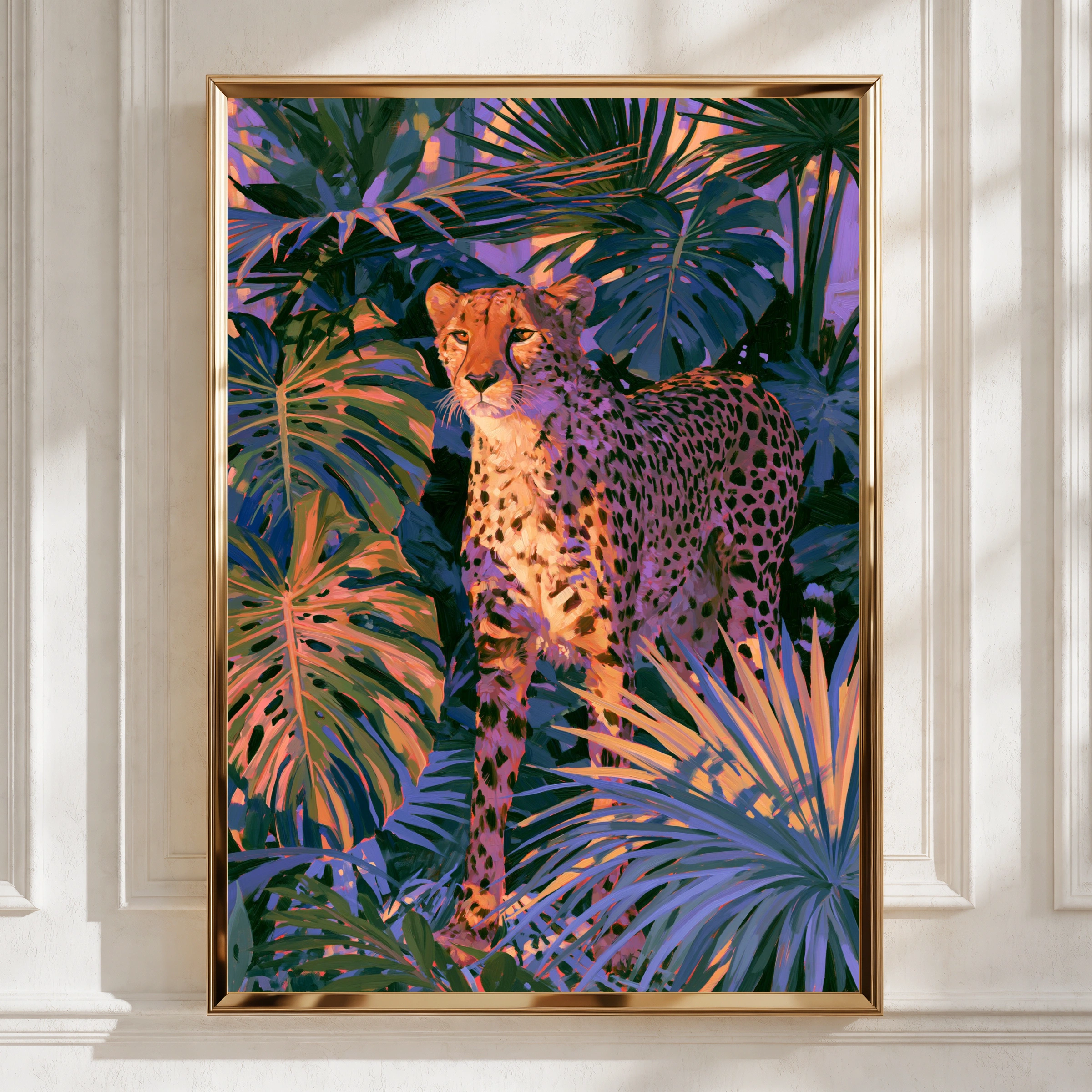 Cheetah Sunset Tropical Plants Poster, Bold Jungle Wildlife Wall Art Print
