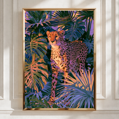 Cheetah Sunset Tropical Plants Poster, Bold Jungle Wildlife Wall Art Print