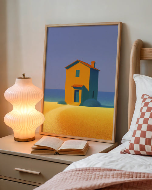 Beach House Abstract Art Print, Coastal Minimalist Poster, Orange Teal Blue