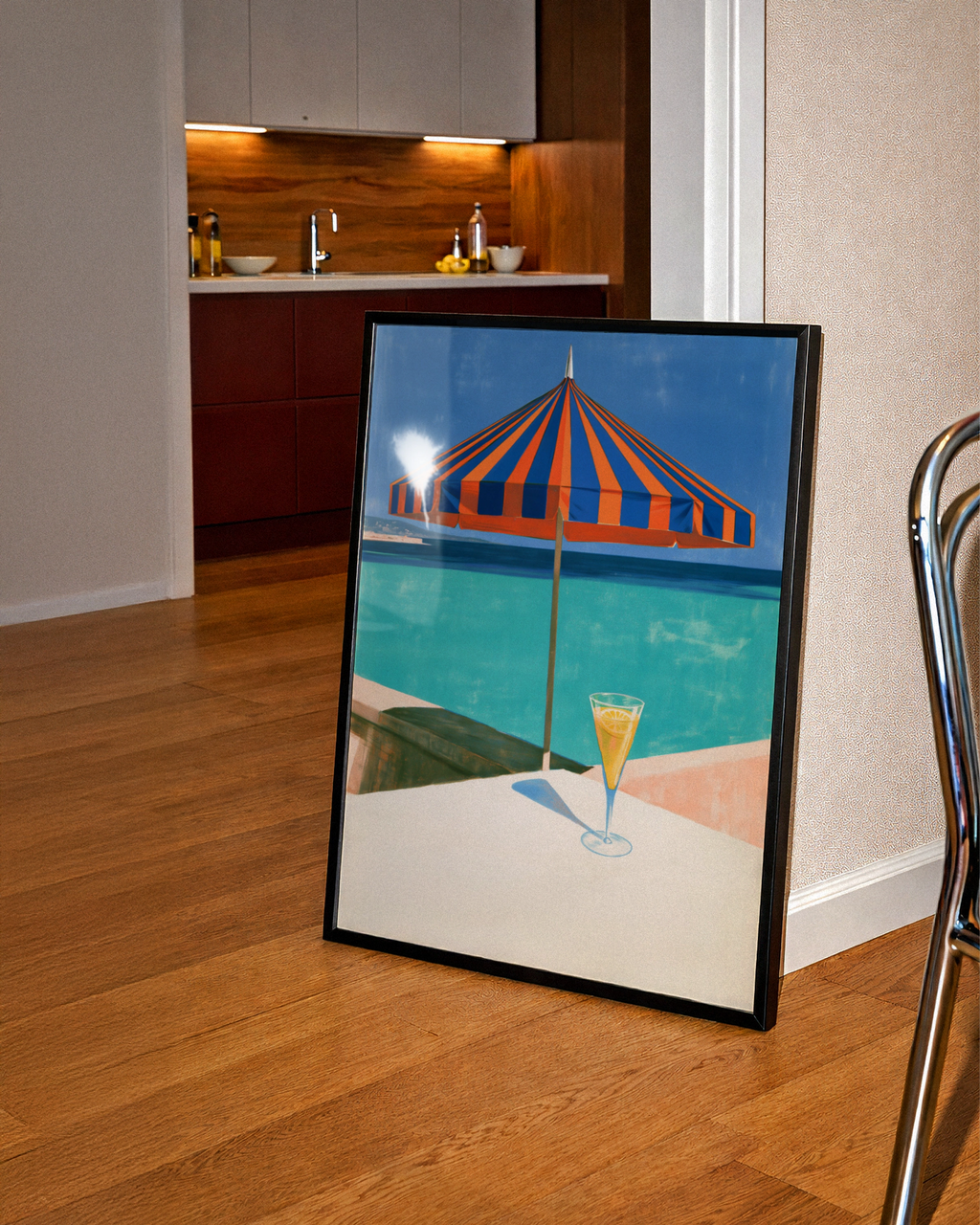 Beach Parasol Cocktail Ocean View Poster, Striped Umbrella, Retro Summer Print