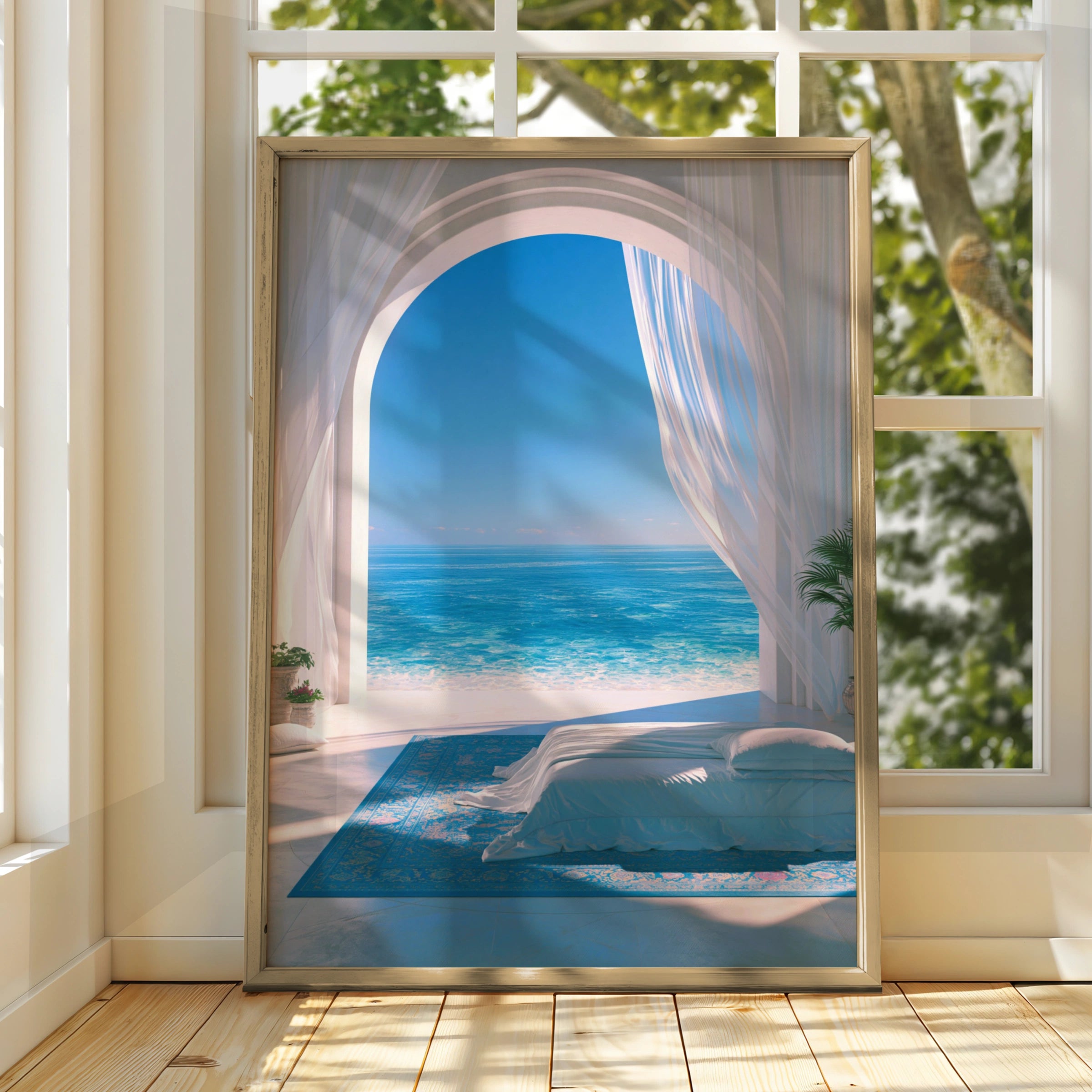 Sea View Bedroom Arch Curtain Poster, Mediterranean Ocean Wall Art Print
