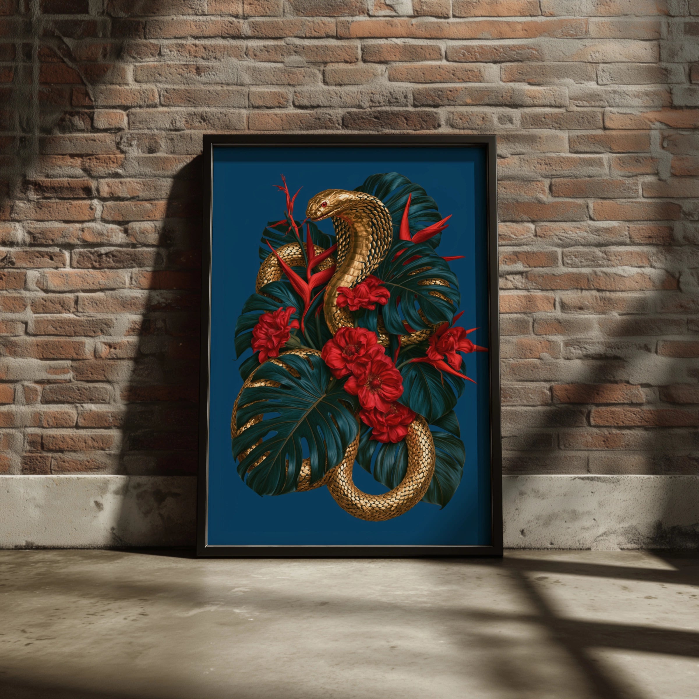 Gold Cobra Snake Monstera Flowers Poster, Tropical Botanical Wall Art Print