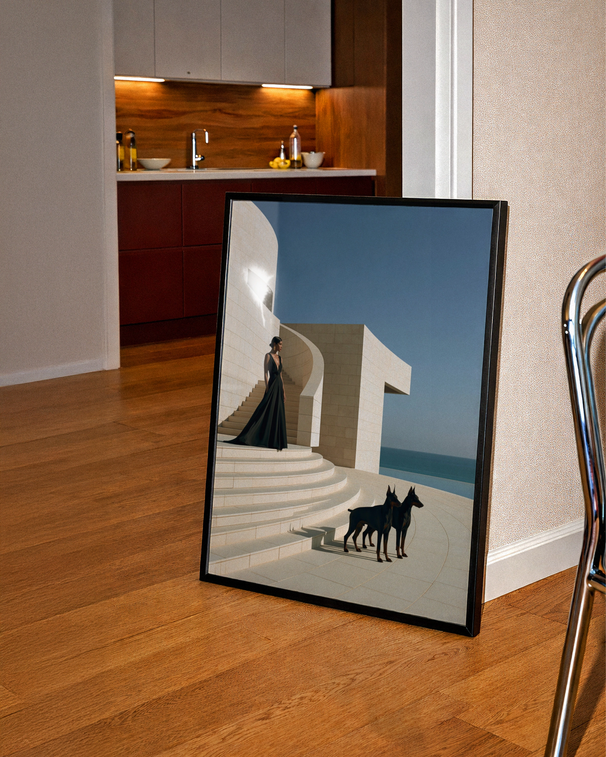 Woman with Dobermanns on Travertine Stairs, Wall Art Poster, Luxury Minimalist