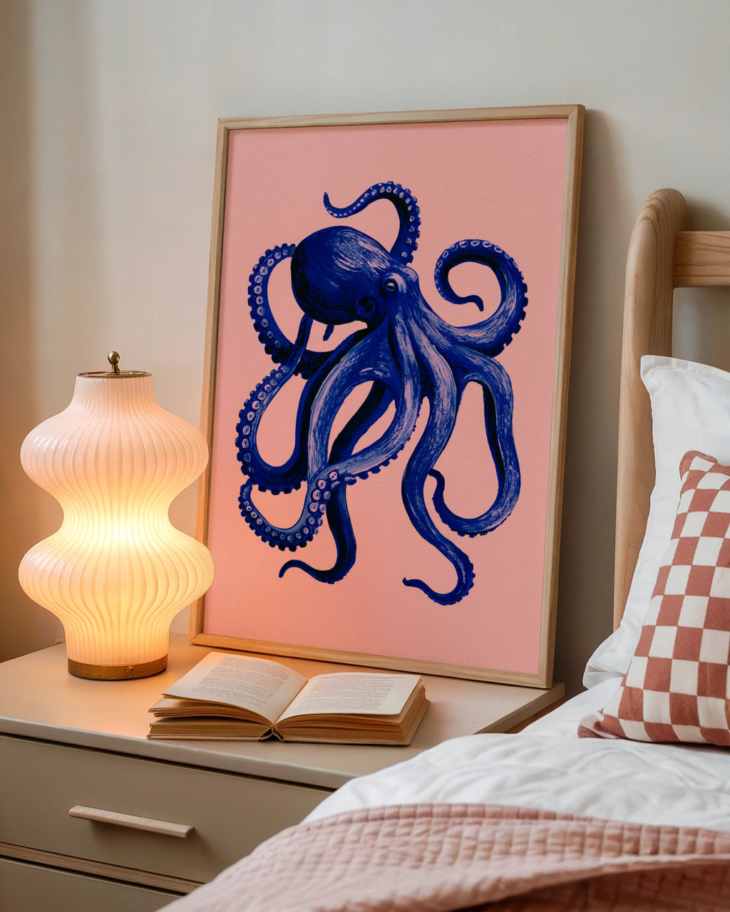 Blue Octopus Poster, Navy & Pink Wall Art, Bold Sea Creature Print