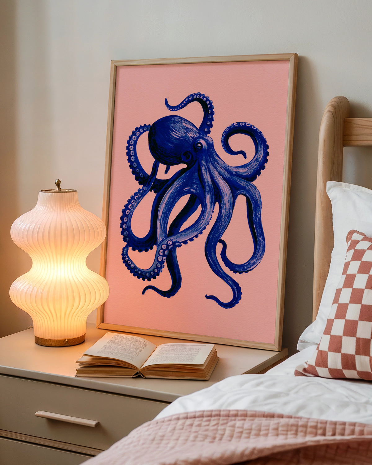 Blue Octopus Poster, Navy & Pink Wall Art, Bold Sea Creature Print