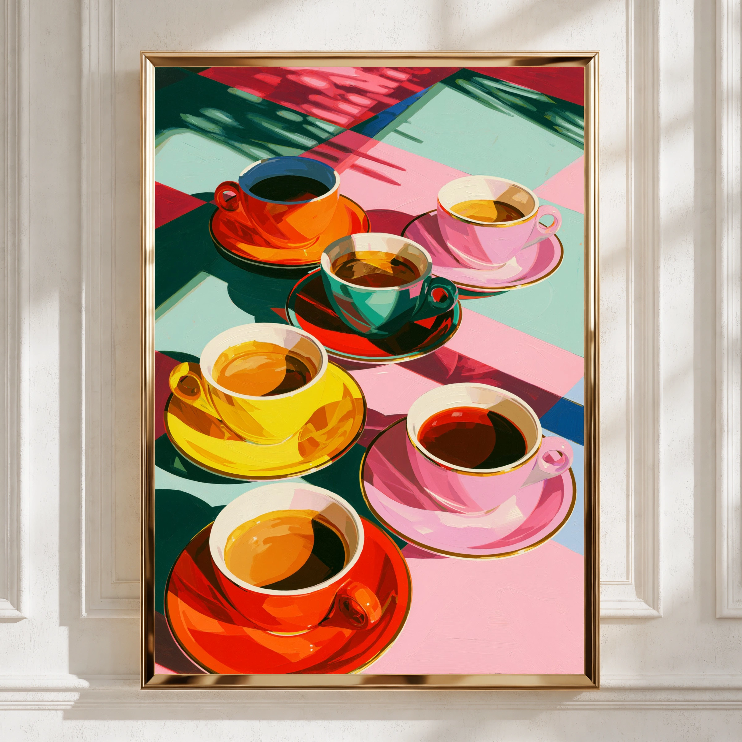 Colourful Coffee Cups Poster, Bold Pop Art Print, Kitchen Wall Art