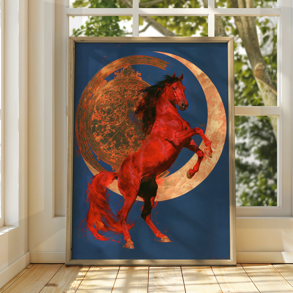 Rearing Red Horse Moon Poster, Celestial Equine Wall Art, Bold Dramatic Print