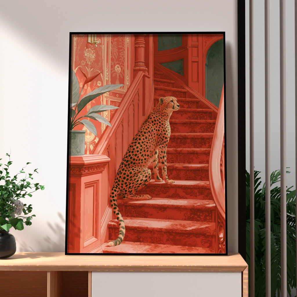 Cheetah on Red Staircase Poster, Victorian Interior, Bold Animal Wall Art