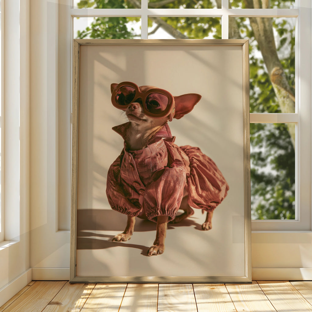 Chihuahua in Dress & Glasses Poster, Funny Fashionable Dog Wall Art Print