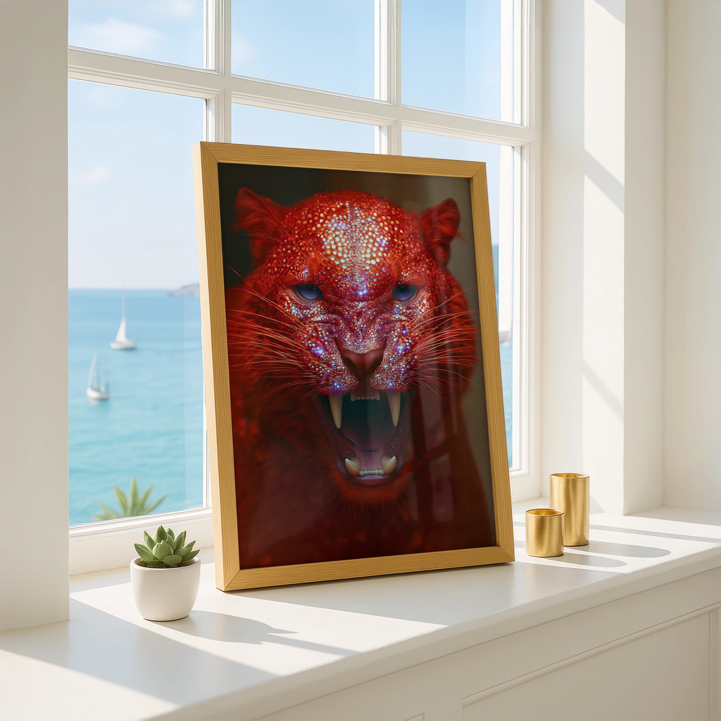 Red Glitter Tiger Roaring Poster, Crystal Big Cat Wall Art, Bold Modern Print