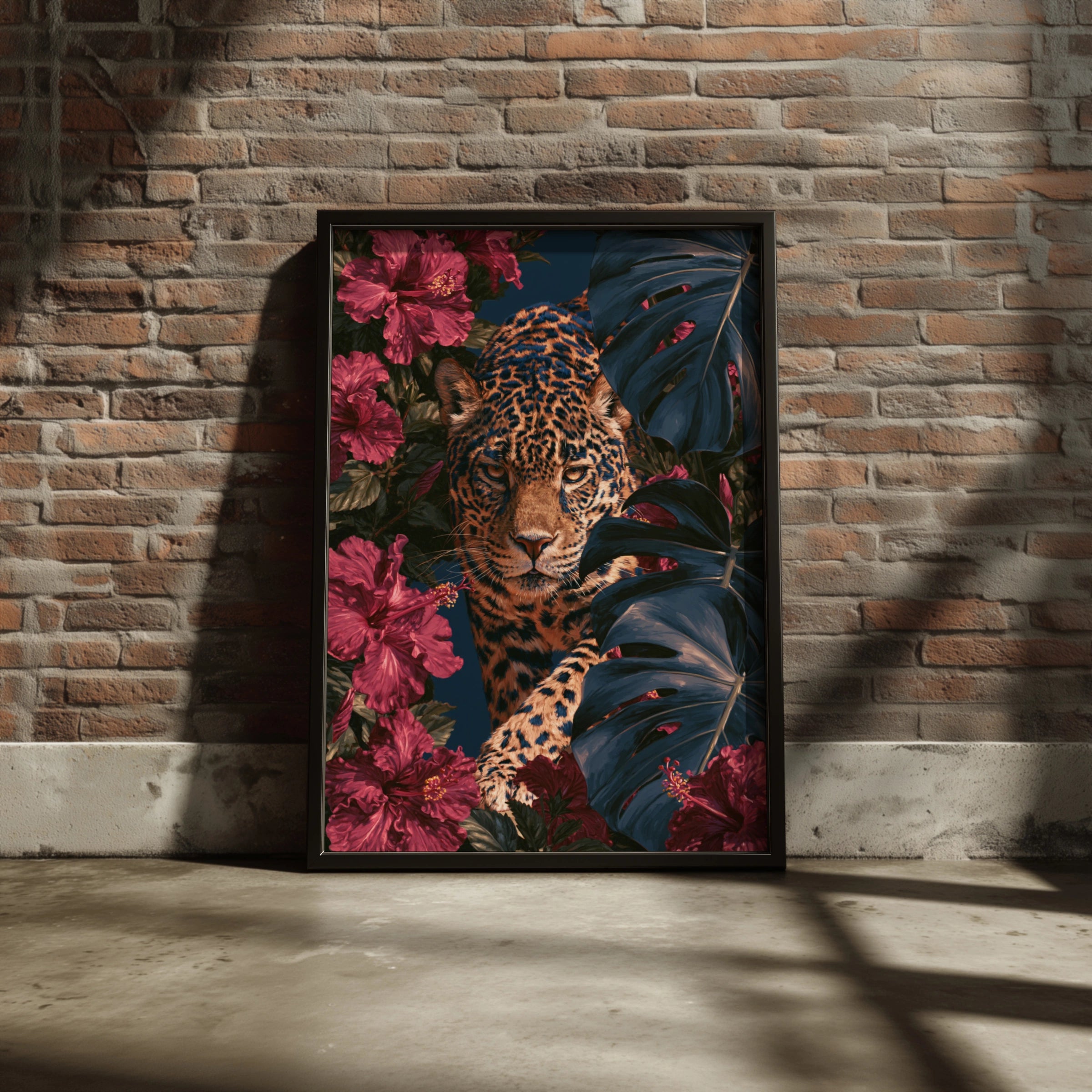 Jaguar Hibiscus Monstera Poster, Tropical Wildlife Wall Art Print