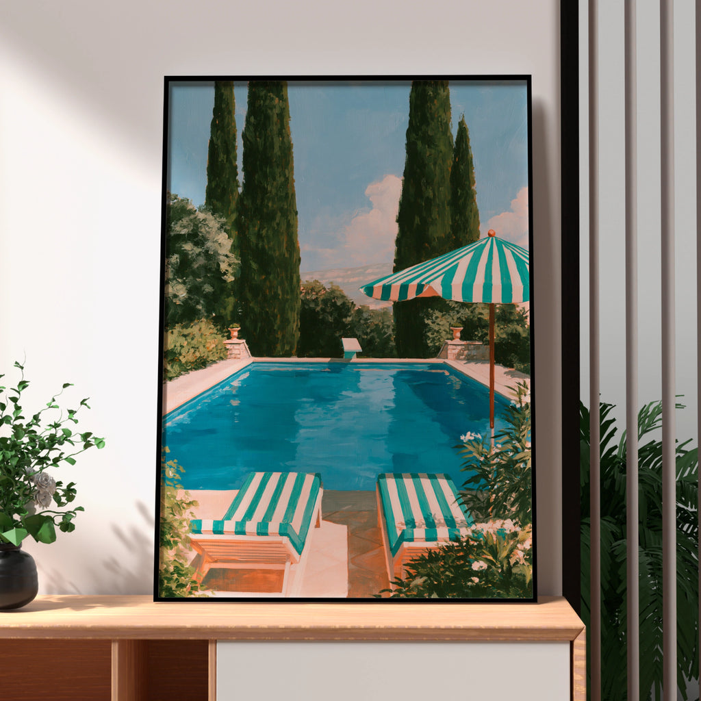 Pool Loungers Striped Umbrella Art Print, Mediterranean Summer Poster, Painted Style