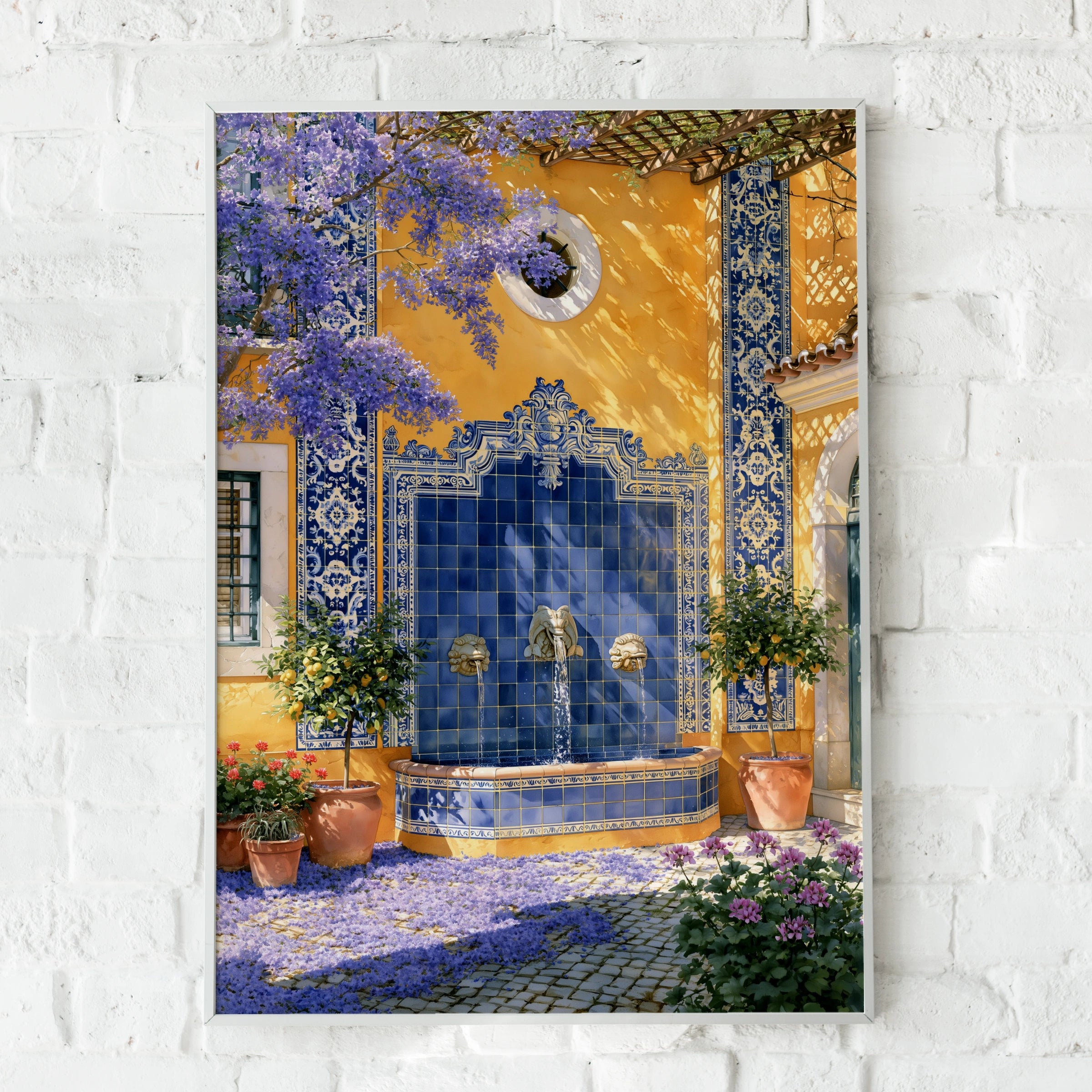 Portuguese Courtyard Fountain Wall Art Poster, Azulejo Tile Blue Yellow Print
