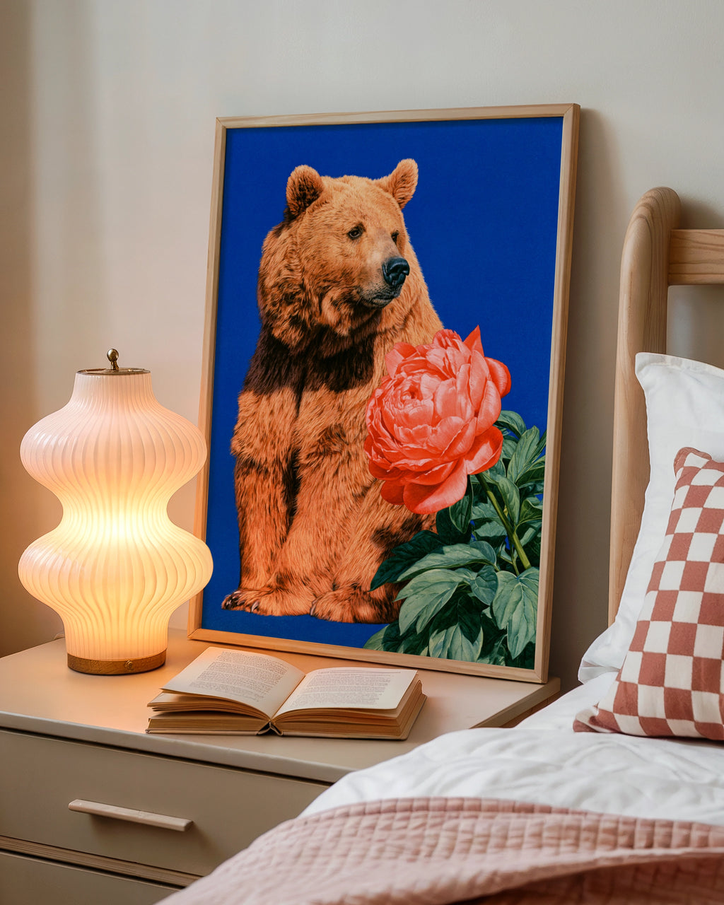 Bear with Pink Peony Flower Poster, Bold Blue Wildlife Floral Wall Art