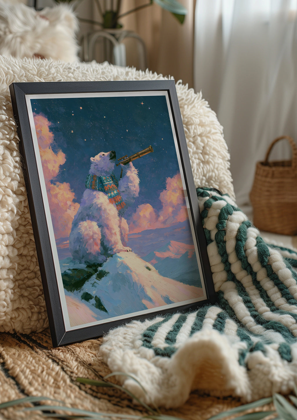 Polar Bear Stargazing Poster, Arctic Night Sky, Whimsical Animal Wall Art