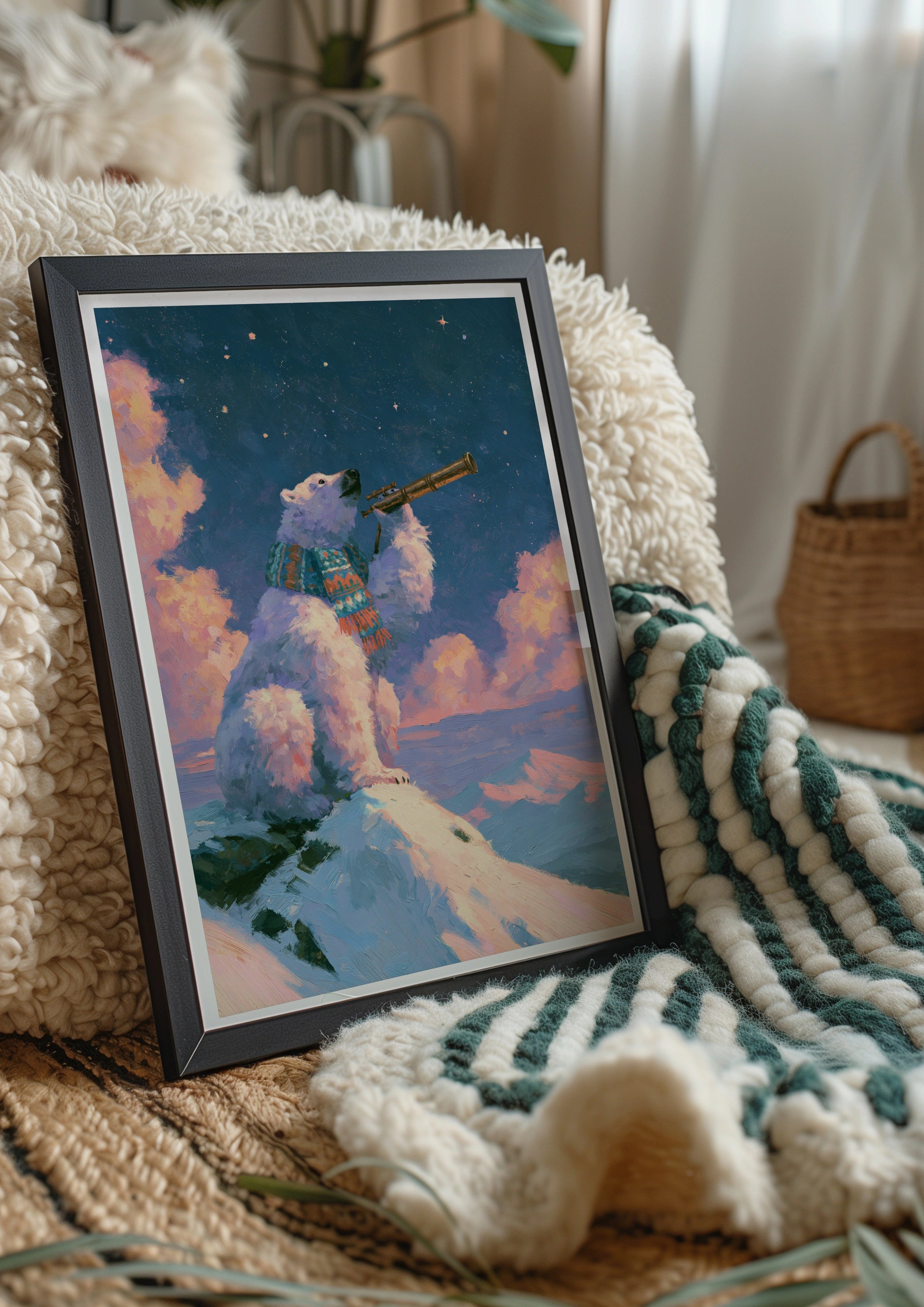 Polar Bear Stargazing Poster, Arctic Night Sky, Whimsical Animal Wall Art