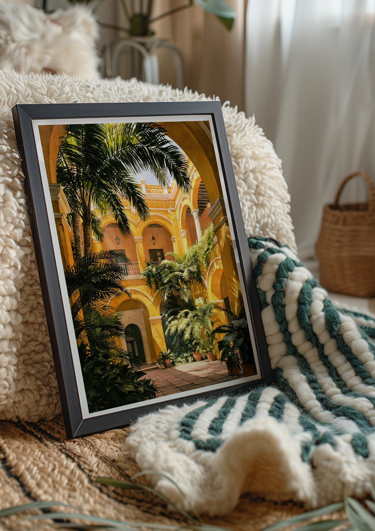 Spanish Courtyard Poster, Yellow Ethnic Architecture Print, Tropical Arches Wall Art