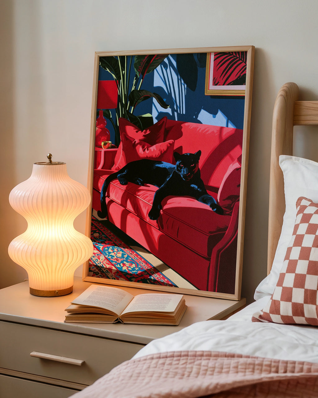 Black Panther Red Sofa Poster, Bold Animal Art Print, Maximalist Interior