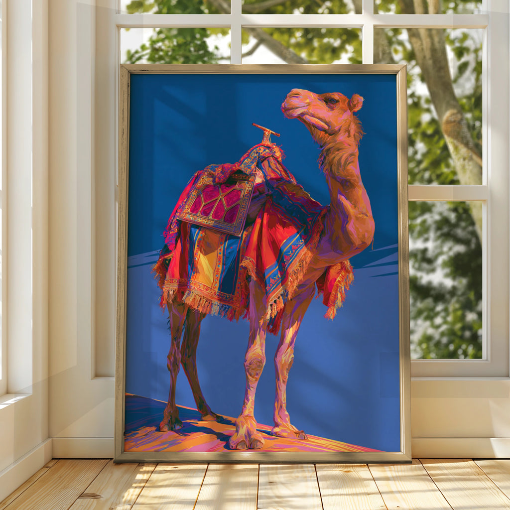 Camel Wall Art Poster, Colourful Desert Animal Print, Bold Blue Pop Art Style