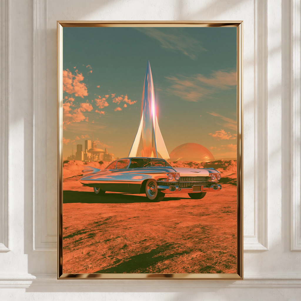 Retro Futuristic Car Planet Rocket Poster, Classic Cadillac Space Art Print