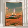Retro Futuristic Car Planet Rocket Poster, Classic Cadillac Space Art Print