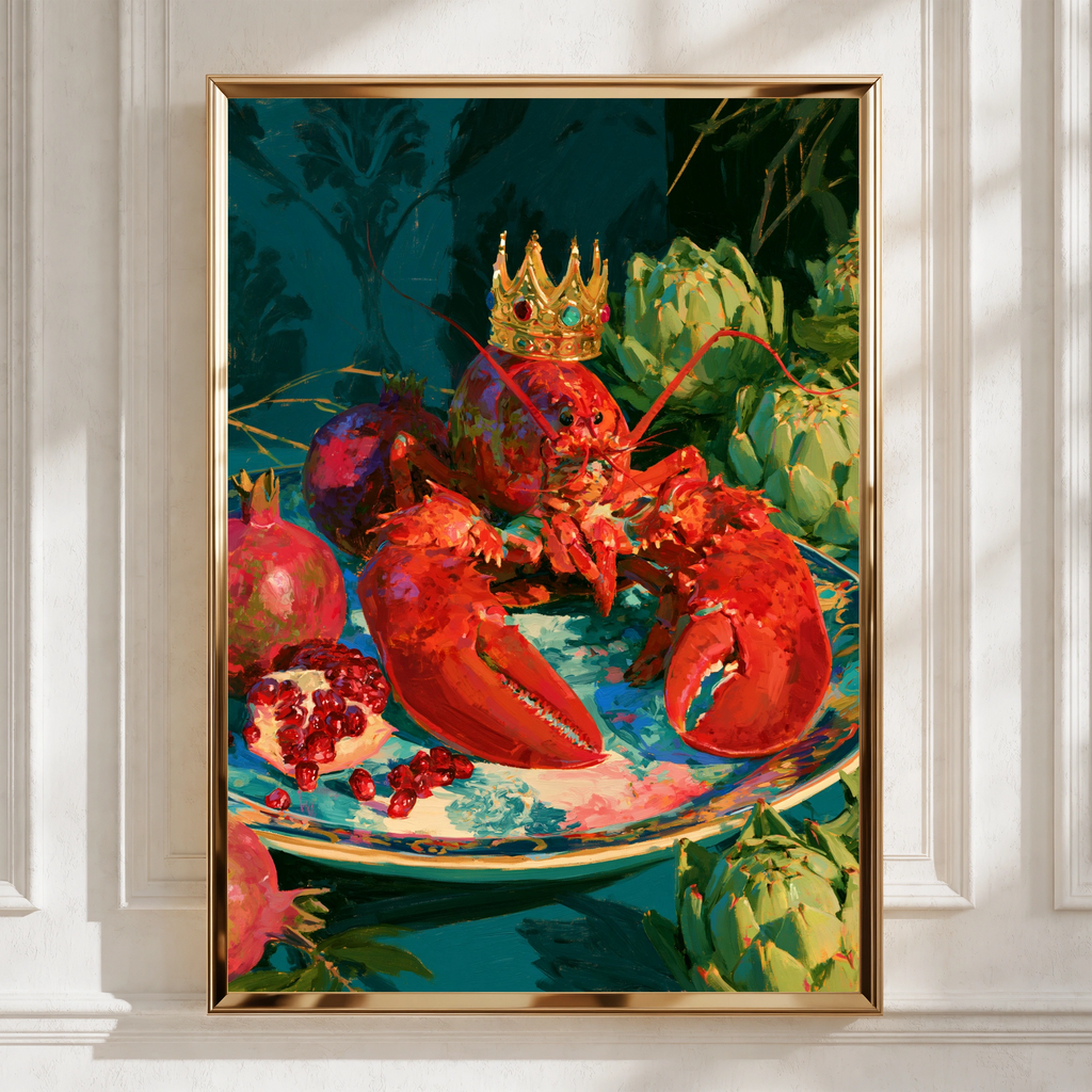 Crowned Lobster Artichokes Still Life Poster, Bold Maximalist Wall Art Print