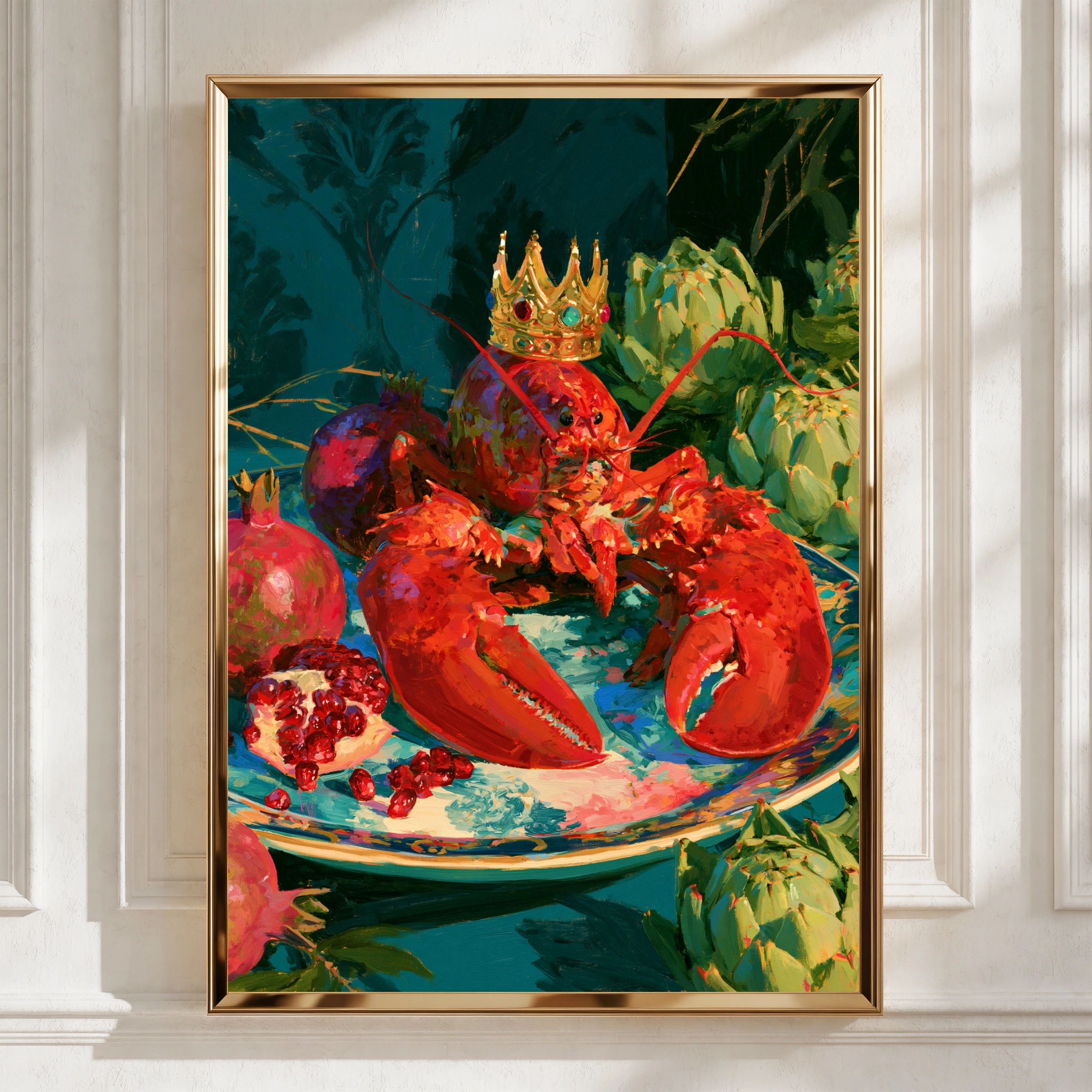 Crowned Lobster Artichokes Still Life Poster, Bold Maximalist Wall Art Print