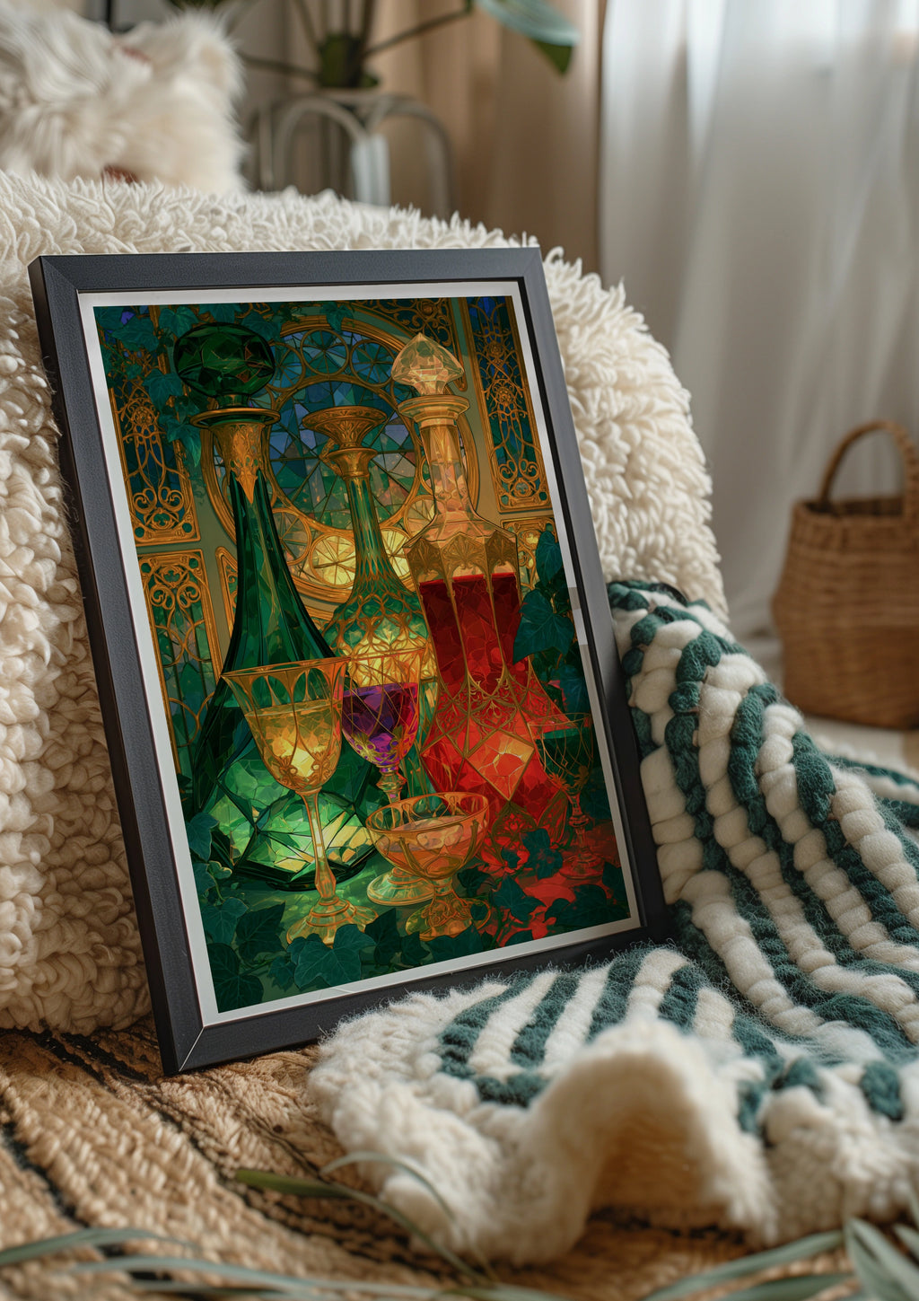 Art Nouveau Glass Decanters Still Life Poster, Jewel Tones, Ornate Gold