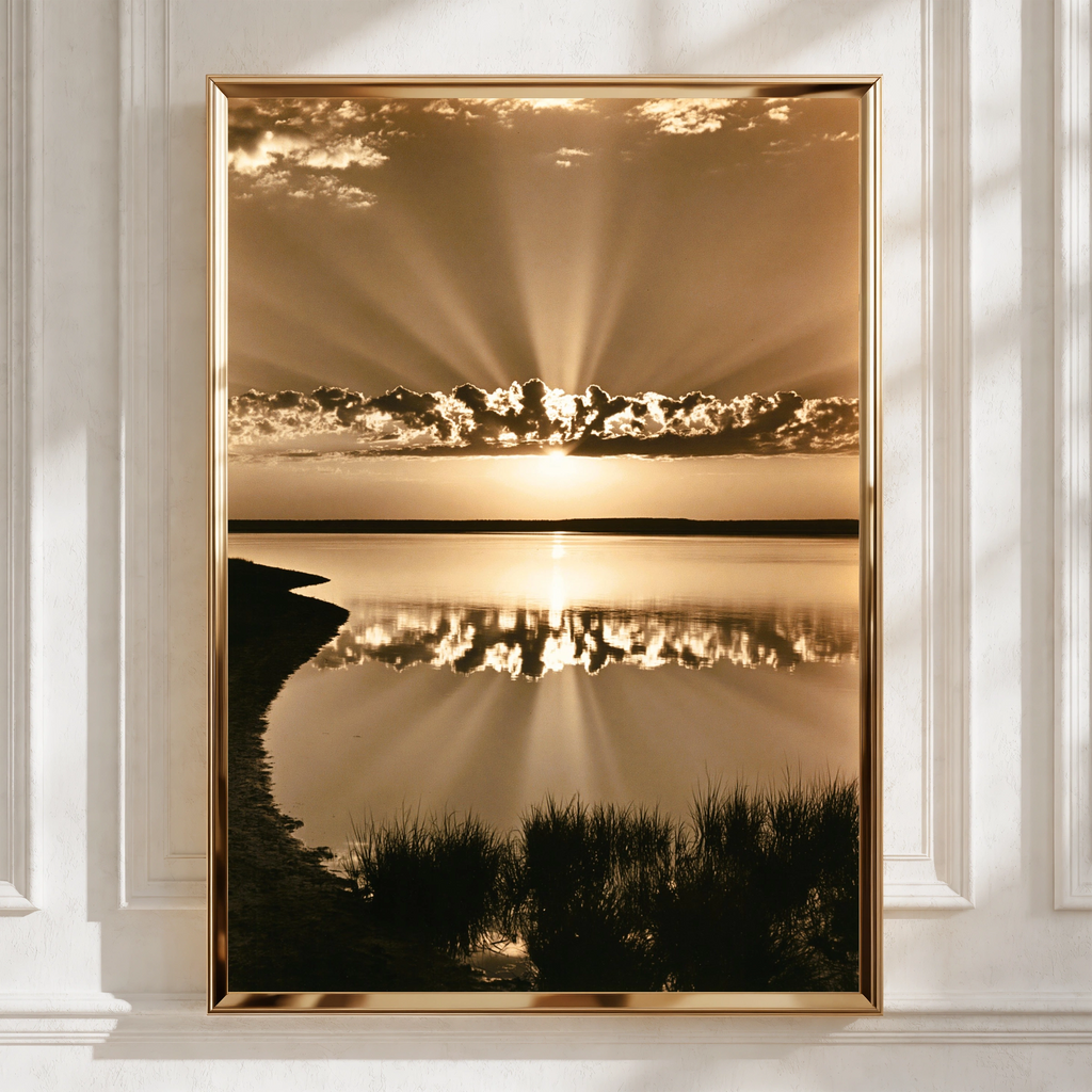 Sepia Sunrise Lake Reflection Poster, Sun Rays Sky, Vintage Nature Print